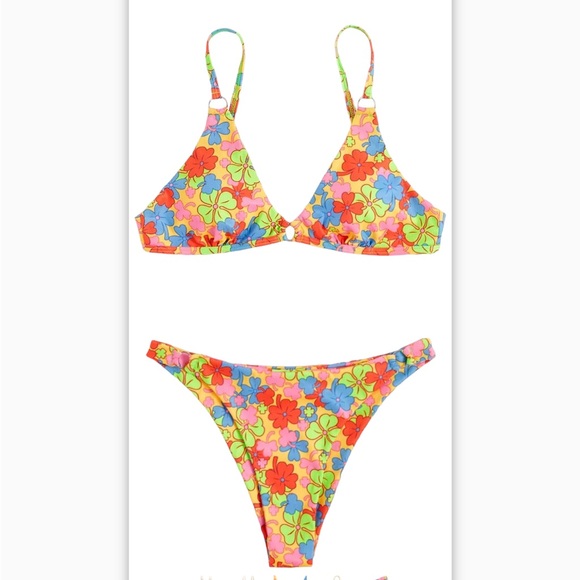 Metallic Halter Top Two Piece Neon Floral Tie Side Triangle Bikini Women’s Sz L - Picture 2 of 12